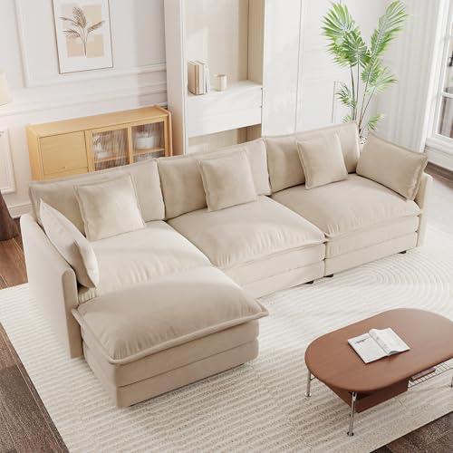 Modular Sectional Sofa, 111.5 Inch L Shaped Couch Set for Living Room, 3-Seater Comfy Cloud Couches with Movable Ottoman, DIY Combination, Chenille, Light Coffee - color: Light Coffee, size: 111.5 Inch- L
