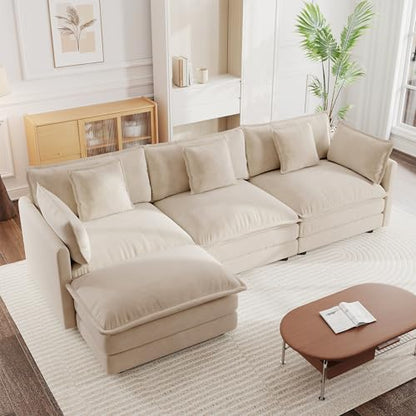 Modular Sectional Sofa, 111.5 Inch L Shaped Couch Set for Living Room, 3-Seater Comfy Cloud Couches with Movable Ottoman, DIY Combination, Chenille, Light Coffee - color: Light Coffee, size: 111.5 Inch- L