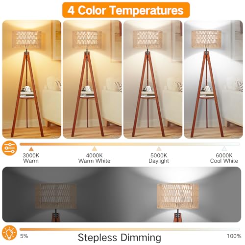 OUTON Boho Rattan Tripod Floor Lamp with Shelves, Remote Control, Dimmable Mid Century Modern Standing Lamp 58.5" for Bedroom, Living Room & Office, Lamp Shade Includes E26 9W Bulb, Walnut - color: Walnut & Rattan Shade