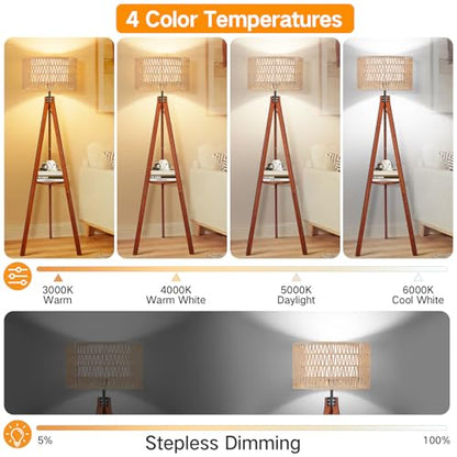 OUTON Boho Rattan Tripod Floor Lamp with Shelves, Remote Control, Dimmable Mid Century Modern Standing Lamp 58.5" for Bedroom, Living Room & Office, Lamp Shade Includes E26 9W Bulb, Walnut - color: Walnut & Rattan Shade