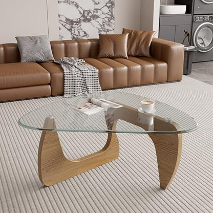 Modern Glass Coffee Table, Triangle Center Table with Tempered Glass Top& Unique Wooden Base, 31.5” Mid Century Tea Tables for Living Room, Apartment, Office,Wood &Transparent - color: Wood & Transparent, size: Small 31.5*19*15.7in