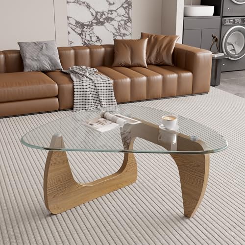 Modern Glass Coffee Table, Triangle Center Table with Tempered Glass Top& Unique Wooden Base, 31.5” Mid Century Tea Tables for Living Room, Apartment, Office,Wood &Transparent - color: Wood & Transparent, size: Small 31.5*19*15.7in