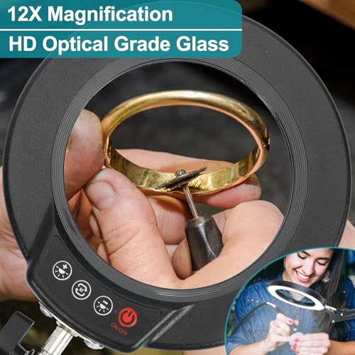 12X Magnifying Glass with Light and Stand, Real Glass, 5 Color Modes, Brightness Stepless Dimmable Lighted Magnifier Hands Free, 2-in-1 Desk Lamp & Clamp Light, Magnifier Lamp for Close Work, Reading - color: Black, size: 12X 17.8inch Base & Clamp