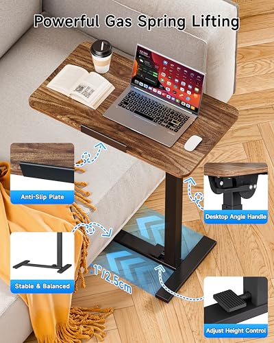 BIZUM Mobile Standing Desk Laptop Desk Pneumatic with Wheels 180° Tilt Top Hospital Bed Table Portable Rolling Cart Foldable Bedside Table for Hospital&Home Use, Walnut - color: Walnut