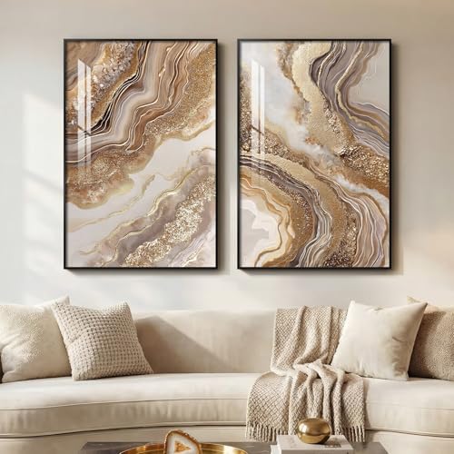 Framed Abstract Brown Gold Wall Art for Living Room, 2 Piece Large Modern Luxury Artwork for Walls, Contemporary Bright Style Picture Prints Paintings for Bedroom Dining Room Office 24x36 Inch - color: Gold, size: 24" W x 36" H x 2Pcs
