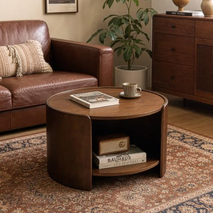 Walnut Round Coffee Table, 2-Tier 31.5" Open Storage Modern Center Table | Mid Century Wooden Circle Coffee Table with Shelf & Curved Wood Legs for Living Room, Home Office, Reception Room, Apartment - color: Walnut