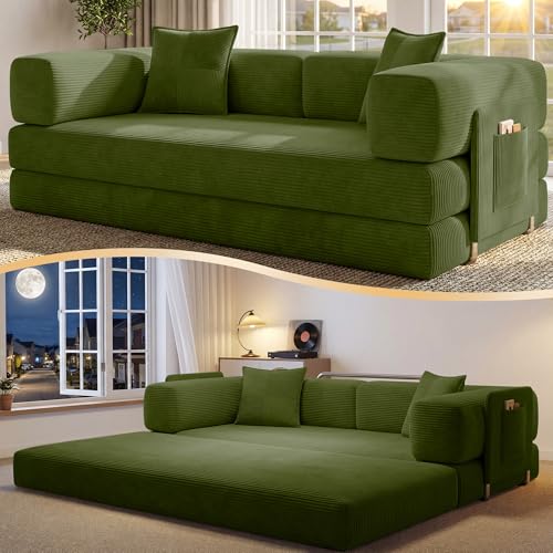 78.8" Convertible Futon Sofa Bed, Boneless Couch for Living Room | Corduroy Boneless Loveseat Sleeper Sofa, Modular Futon Couch with Storage Pocket, Pull Out Couch No Assembly | Green - color: Green