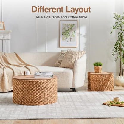 Round Nesting Coffee Table Set of 2 with Storage - Handwoven Wicker Rattan Ottoman Style, Boho Coastal Coffee Tables for Living Room, Rattan Coffee Table with Cover & Soild Wood Frame - color: Natural (Under Warm Light)