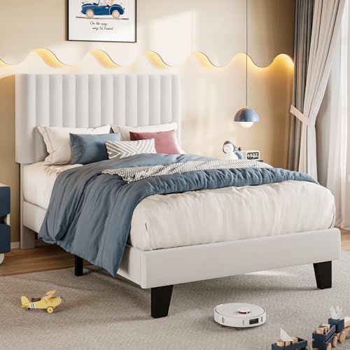 Einhomn Twin Size Bed Frame with Headboard, Upholstered Velvet Platform Bedframe with Solid Wooden Slats, Noise-Free, No Box Spring Needed, Easy Assembly, White - color: White, size: Twin