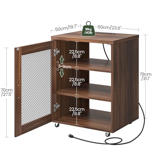 Media Cabinet with Charging Station, Stereo Cabinet with Wheels, Audio-Video Media Stand with Adjustable Shelves and Mesh Door, AV Rack for Living Room, Home Theater, Walnut MBZ23UHT
