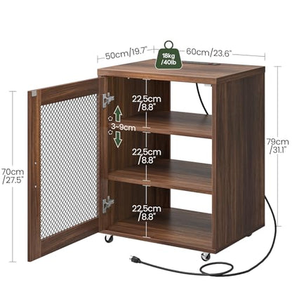 Media Cabinet with Charging Station, Stereo Cabinet with Wheels, Audio-Video Media Stand with Adjustable Shelves and Mesh Door, AV Rack for Living Room, Home Theater, Walnut MBZ23UHT
