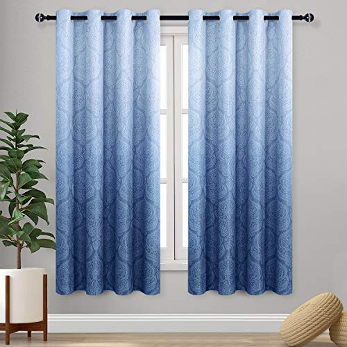 DWCN Ombre Blackout Curtains for Living Room - Thermal Insulated Block Light Energy Saving Privacy Gradient Damask Grommet Window Curtains for Bedroom, Set of 2 Panels, 52 x 63 Inch Length, Navy Blue - color: Navy Blue, size: 52"W x 63"L (Pack of 2)