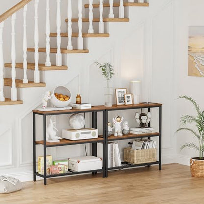 Snughome Console Table with Power Outlets, Entryway Table with Storage, Narrow Sofa Table with 3 Tier Shelves, 2 USB Ports, 2 Power Outlets, Hallway Table for Couch, Living Room, Entrance - color: Rustic Brown