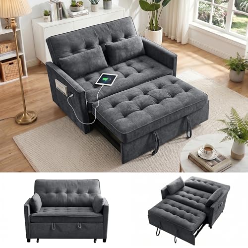 Dreamzie 55'' 3 in 1 Convertible Sofa Bed with USB Charging Ports, Pull Out Couch with Adjustable Backrest and Side Pockets, Sleeper Sofa for Living Room, Apartment, RV, Easy Assembly - Dark Grey - color: Dark Grey