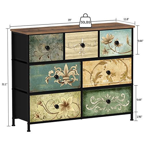 Dresser with Drawers for Bedroom Chest of Drawers Fabric Dresser for Closet,Nursery Entryway Hall Tree TV Stand for Living Room Retro Floral Pattern Drawers Wooden Top (7 Drawers) - size: 11.8"D x 39"W x 31.3"H (7 Drawers)
