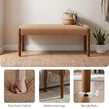 Usaint 42" End of Bed Bench with Wood Legs, Orange with Walnut Leg | Modern Upholstered Bedroom Bench with Rubberwood Legs, Entryway Bench with Cushion, Dining Bench for Living Room, Bedroom - color: Orange With Walnut Leg