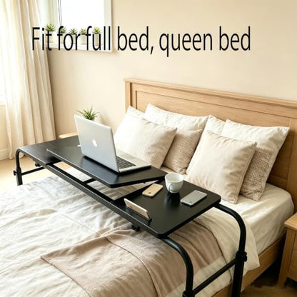 Overbed Bedside Table with Wheels Portable Rolling Laptop Desk Cart Computer Table Over The Bed Table Adjustable Height and Length with Tilt Stand Board for Bed Hospital Home and Office (Black-M) - color: Black-m