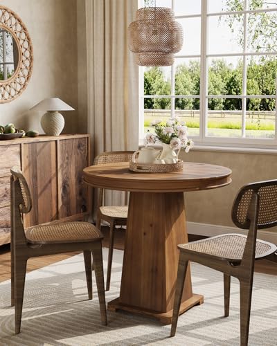 LITTLE TREE Solid Wood Round Dining Table, 31.5" Small Kitchen Table for 2, Modern Farmhouse Dinner Table for Dining Room, Kitchen, Living Room, Artistic Geometric Base, Table Only (Rustic Brown) - color: Rustic Brown