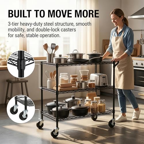 Finnhomy 3 Tier Heavy Duty Commercial Grade Utility Cart, Wire Rolling Cart with Handle Bar, Steel Service Cart with Wheels, Kitchen Carts on Wheels, Metal Cart Shelf Size 24" D x 36" W, NSF, Black - size: 36"L x 24"W x 35.4"H-3 Tier, style: Black Cart