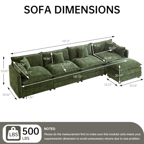 Modular Sectional Sofa, 147.2 Inch L Shaped Couch Set with Armrests, 4-Seater Comfy Cloud Couches with Movable Ottoman for Living Room Apartment, Green - color: Green, size: 147.2'' - L Shape