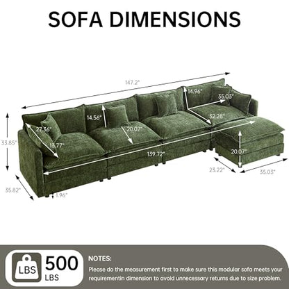 Modular Sectional Sofa, 147.2 Inch L Shaped Couch Set with Armrests, 4-Seater Comfy Cloud Couches with Movable Ottoman for Living Room Apartment, Green - color: Green, size: 147.2'' - L Shape