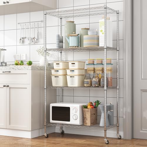 Homdox Heavy Duty 4-Tier Metal Shelving Unit with Adjustable Shelves, Rolling Storage Rack for Kitchen, Garage, Pantry, 36.02"x17.91"x74.41", Silver - color: Silver, size: 36.02*17.91*74.41 inch