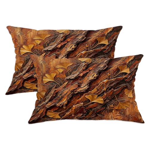 Ginkgo Leaves Throw Pillow Covers Set of 2, Natural Rustic Bark Texture Wood Grain Fall Brown Soft Velvet Washable Couch Pillow Covers for Living Room Apartment Bed Sofa Decor 20x12 Inch - size: 20" x 12" (Pack of 2)