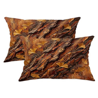 Ginkgo Leaves Throw Pillow Covers Set of 2, Natural Rustic Bark Texture Wood Grain Fall Brown Soft Velvet Washable Couch Pillow Covers for Living Room Apartment Bed Sofa Decor 20x12 Inch - size: 20" x 12" (Pack of 2)