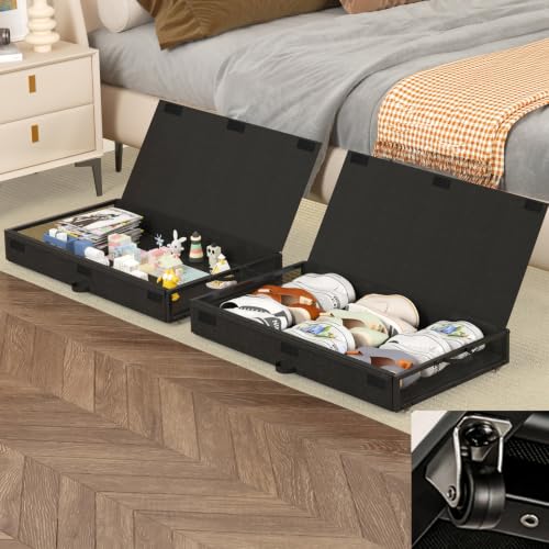 Fokyfok 2 Pack Under Bed Storage with Wheels 4.5 inch Height | Metal Frame,Lid,Rolling Slim Under Bed Drawers for Shoes,Clothes,Shallow Underbed Storage,Under Couch Storage,Black - color: Black, size: 2PC (31"Lx17"Wx4.5"H)