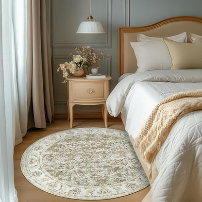 jinchan Round Rug 5ft Area Rugs Vintage Floral Distressed Design - Machine Washable Non-Slip Low-Pile Ultra-Thin Circle Rug for Entryway Bedside Living Room Dining Room Bedroom (5' Round,Taupe)