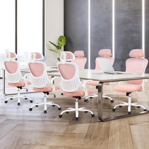 Sweetcrispy Computer Desk Chair, Mesh Office Chair with Lumbar Support | Ergonomic High-Back, Rolling Work, Adjustable Headrests, Flip-up Arms, Home Bedroom Study, Pink - color: Pink, style: Flip-up Armrest