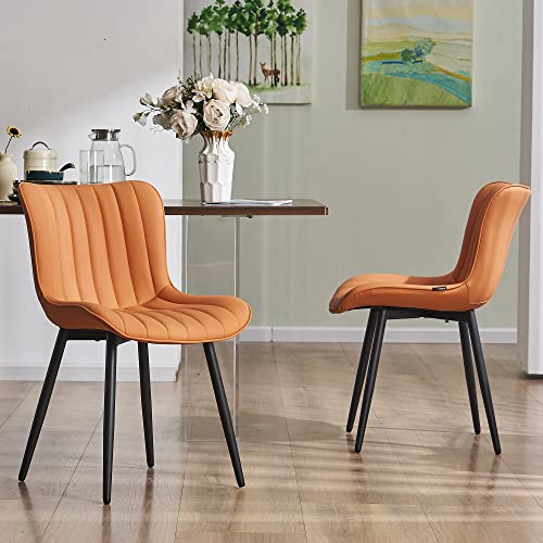 YOUNUOKE Dining Chairs Set of 2 Mid-Century Modern Kitchen Chair Orange | Faux leather upholstered with Back, fits dining living waiting room guest reception. Waterproof easy to clean assemble, 300lb - color: Camel