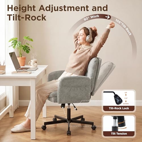 FiveWillowise Cross Legged Office Chair with Flip-up Arms&Back,Light Grey | Criss Cross Chair With Thicken Wide Seat,Lounge Makeup Vanity Chairs with Side Pockets,Comfy Home Office Desk Chair,Chenille - color: Light Grey