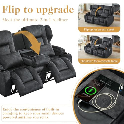 Loveseat Recliner Sofa,RV Wall Hugger Recliners with Flip-up Console,Reclining Loveseat Sofa Recliner with Cup Holders/Lumbar Pillows for Small Spaces,RV Furniture (Gray, 68" 2-Seater) - color: Grey, size: 68" 2-Seater