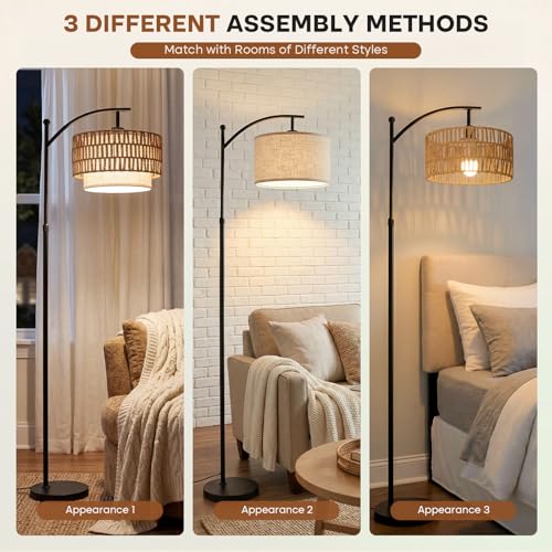 Rattan Floor Lamp with 12W LED Bulb, 57.5"-67" Adjustable Height Boho Standing Lamp, 3 Color Temperatures, Dual Rattan & Fabric Shades, Angle Adjustable Floor Lamp for Living Room Bedroom - style: Bohemian-Black