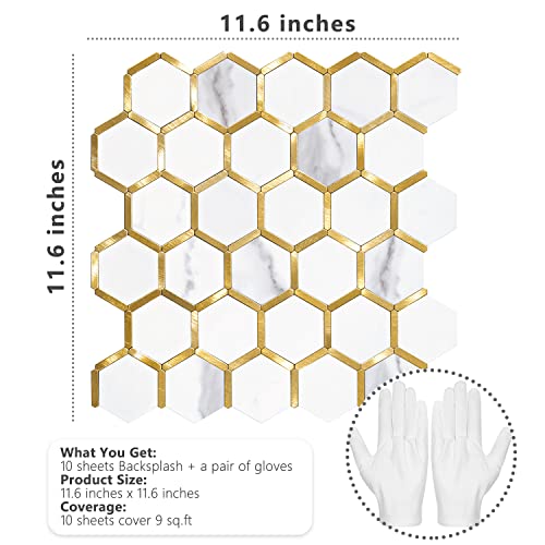 STICKGOO Hexagon Peel and Stick on Backsplash for Kitchen and Bathroom, White Marble Look PVC Mixed Metal Gold Self Adhesive Metal Mosaic Tiles(10 Sheets, Seamless) - color: White Marble with Metal Gold