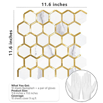 STICKGOO Hexagon Peel and Stick on Backsplash for Kitchen and Bathroom, White Marble Look PVC Mixed Metal Gold Self Adhesive Metal Mosaic Tiles(10 Sheets, Seamless) - color: White Marble with Metal Gold