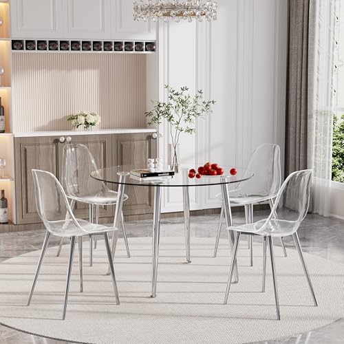 Baysitone Clear Dining Chairs Set of 4, Modern Kitchen Chairs with Transparent Seat, Acrylic Accent Side Chairs with Metal Legs for Dining Room, Kitchen, Living Room with Silver - color: Silver, size: Set of 4