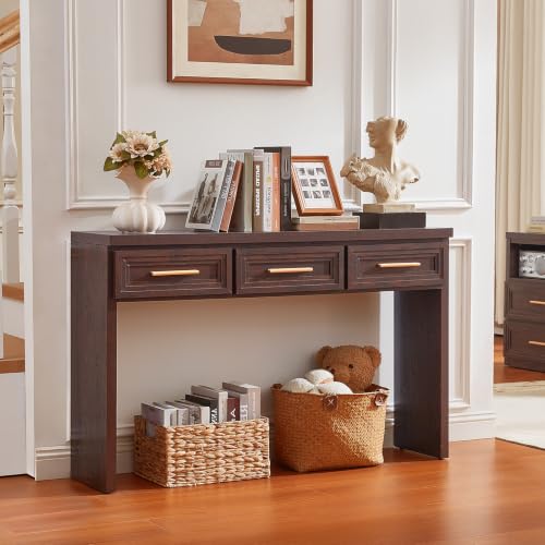 RWYHG 47" Entryway Table with 3 Drawers, Modern Wood Console Table, Walnut | Layered Drawer Front Design , Open Bottom Storage, Farmhouse Behind Couch Table, Entry Table for Living Room Hallway& Foyer - color: Walnut