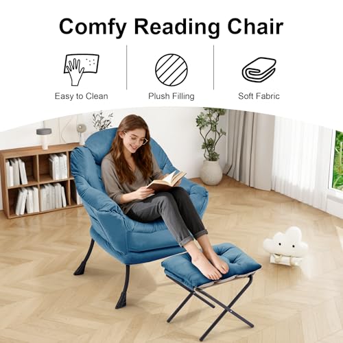 Lazy Chair with Ottoman, Modern Accent Lounge Chair with Side Pocket and Armrests, Cozy Reading Armchair with Footrest, Upholstered Sofa Chair for Small Spaces, Bedroom Living Room, Blue - color: Blue