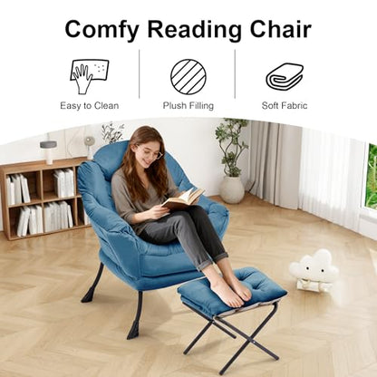 Lazy Chair with Ottoman, Modern Accent Lounge Chair with Side Pocket and Armrests, Cozy Reading Armchair with Footrest, Upholstered Sofa Chair for Small Spaces, Bedroom Living Room, Blue - color: Blue