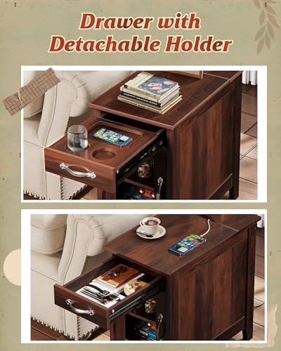 WLIVE End Table with Charging Station, Narrow Nightstand for Living Room, Farmhouse Night Stand with Storage, Small Wooden Cabinet Side Table with USB Ports and Outlets, 23.62"D x 13.78"W x 23.62"H - color: Espresso