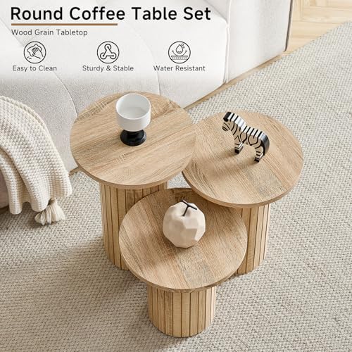 Round Nesting Coffee Table Set of 3 Mid Century Modern Wood Round Coffee Tables with Flexible Small Boho Circle End Table for Space Saving Living Room Comedor Home Office Bedroom(Natural) - color: 3pcs Natural