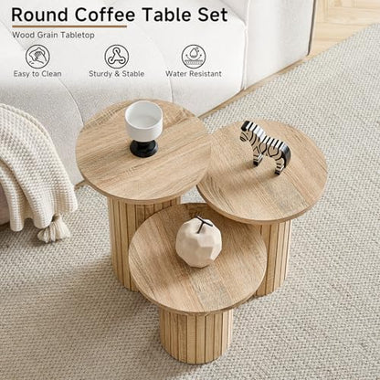 Round Nesting Coffee Table Set of 3 Mid Century Modern Wood Round Coffee Tables with Flexible Small Boho Circle End Table for Space Saving Living Room Comedor Home Office Bedroom(Natural) - color: 3pcs Natural