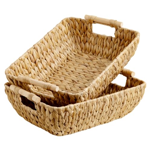 StorageWorks Hand-Woven Storage Baskets with Wooden Handles, Water Hyacinth Wicker Baskets for Organizing, 2 Pack | Wicker Storage Baskets for Shelves, Baskets with Wooden Handles, 2-Pack Gifts Basket for Home Decor, Hand-Woven Basket - color: Natural(Wat