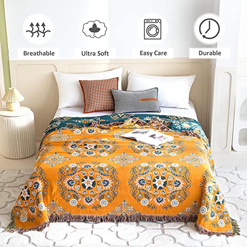 LUTBM Boho Throw Blanket for Bed 100% Cotton Soft Lightweight Quilt Reversible Summer Blanket Floral Embroidery Home Decor Bed Blankets,90"x98" All Season Blankets for Sofa Couch Chair - color: Boho-floral-a, size: 90"x98"