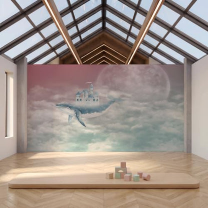 ASJ Kids Nursery Peel and Stick Wallpaper Mural, Whale Castle Moonlight | Seamless edge-to-edge match. Full moon cloud fairy tale artwork, 118x78 in, premium fabric, kids bedroom playroom. - color: Moonlight Silver, size: 118" x 78"