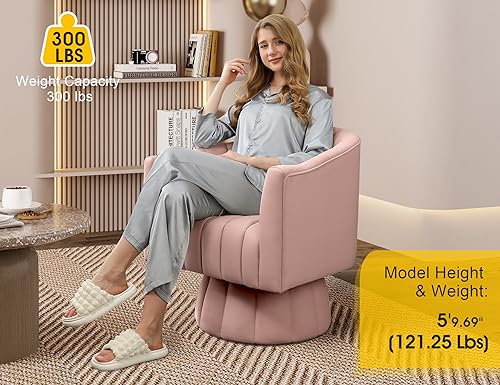 Dewhut Swivel Accent Chair, Barrel Accent Chair, Velvet, Pink | Velvet Upholstered Round Arm Chair with 360° Swivel Base, Mid Century Modern Living Room Chair, Easy Setup - color: Pink