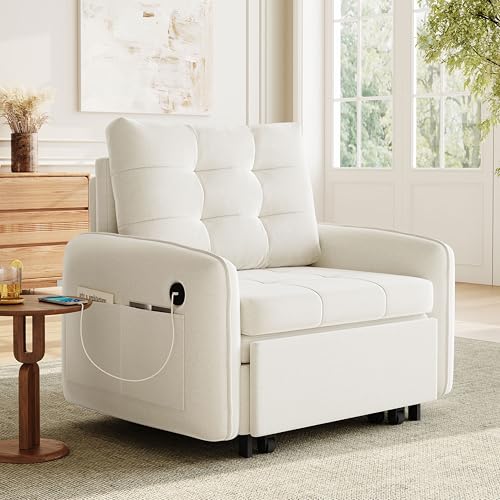 3-in-1 Convertible Sleeper Chair Bed, Multi-Functional Chenille Single Sofa Bed with Storage Pockets and Box, 80" Extra Long Pull Out Sleeping Lounge Chair for Living Room & Apartment (Beige,35) - color: Beige,35