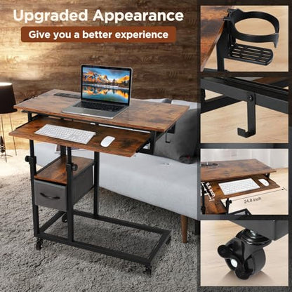 FAHKNS C Table with Wheels, Adjustable Couch Table with Charging Station, Couch with Cup Holder, Sofa Bedside Laptop Stand C Shaped TV Tray with Storage Shelves